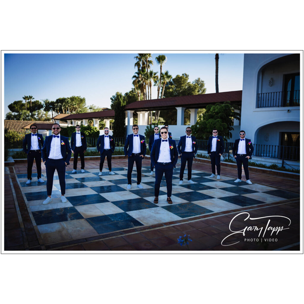 Groom and wedding party on the huge chess board at the Westin La Quinta Golf Resort
