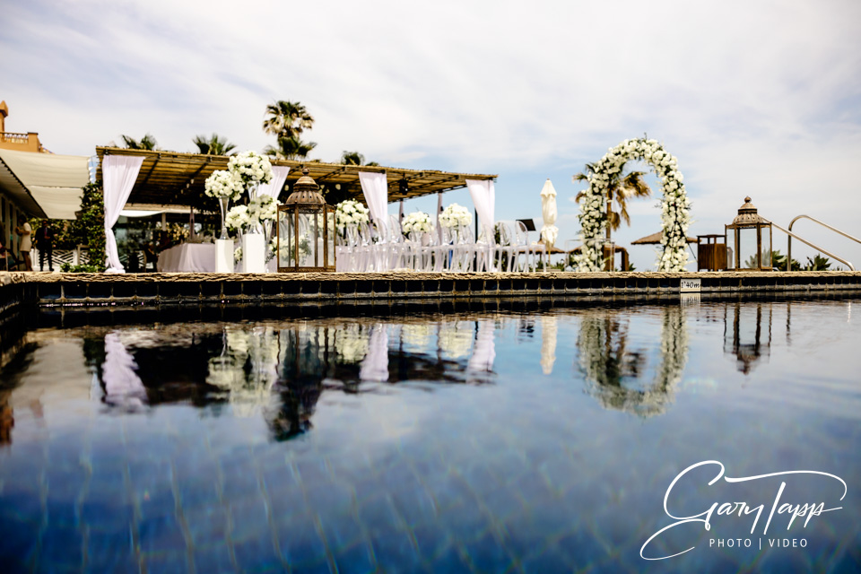 Finca Cortesin Wedding setup view from acrosss the pool