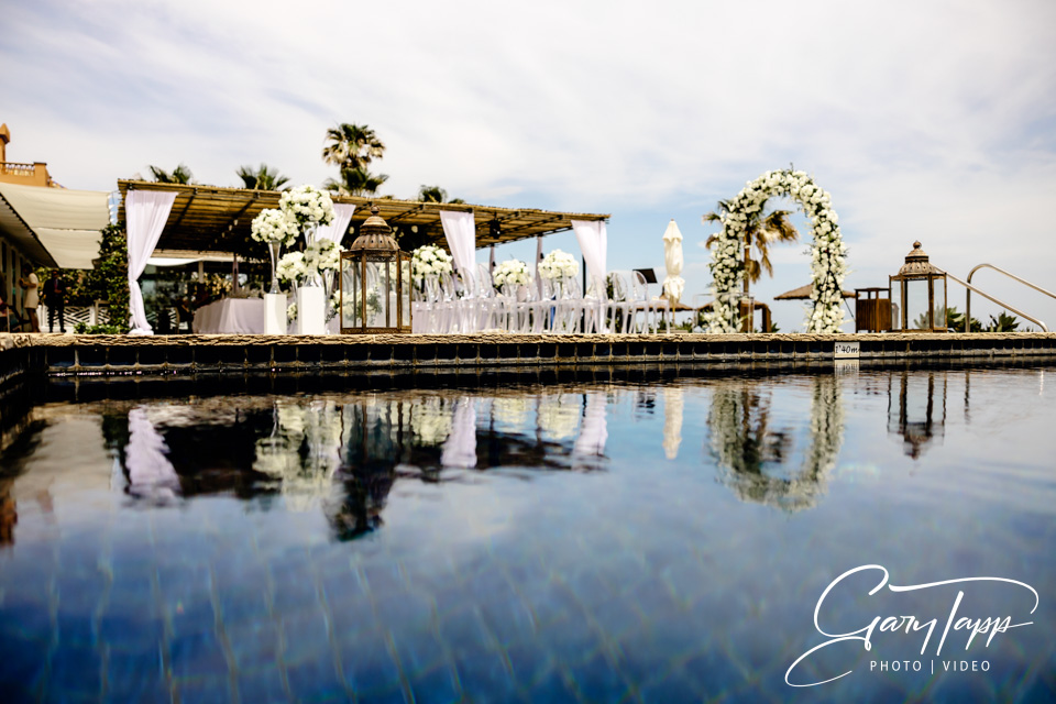 Finca Cortesin Wedding Photographer 4 Finca Cortesin Wedding setup view from acrosss the pool