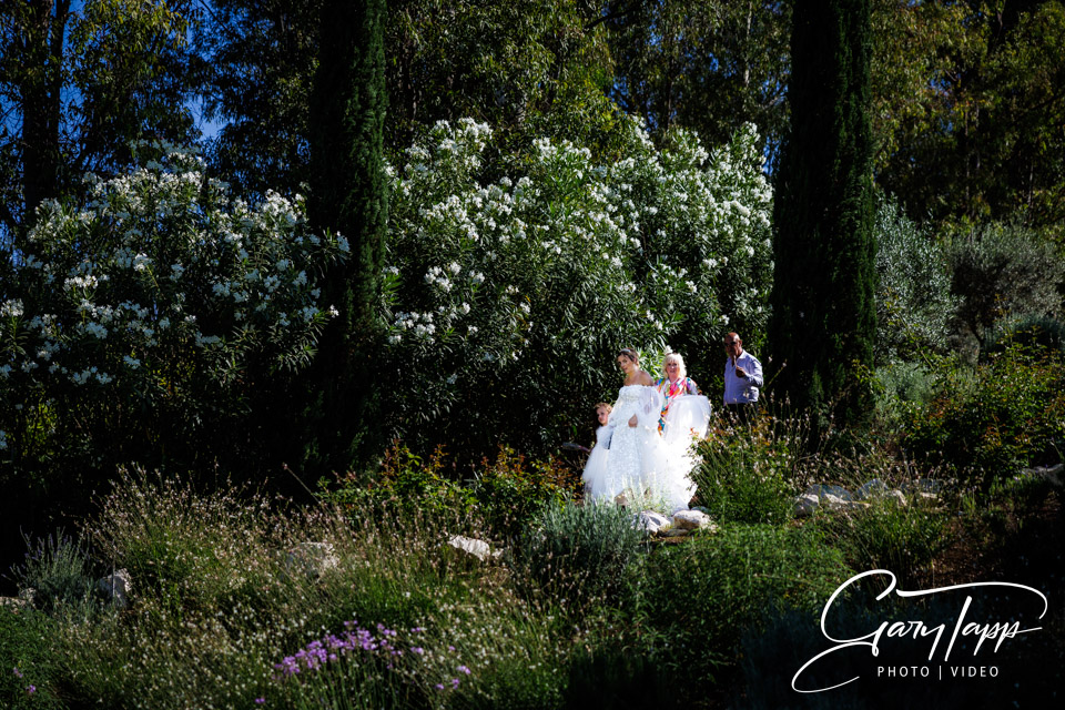 Bride entrance to the wedding reception gardens of Cortijo Rosa Blanca wedding venue