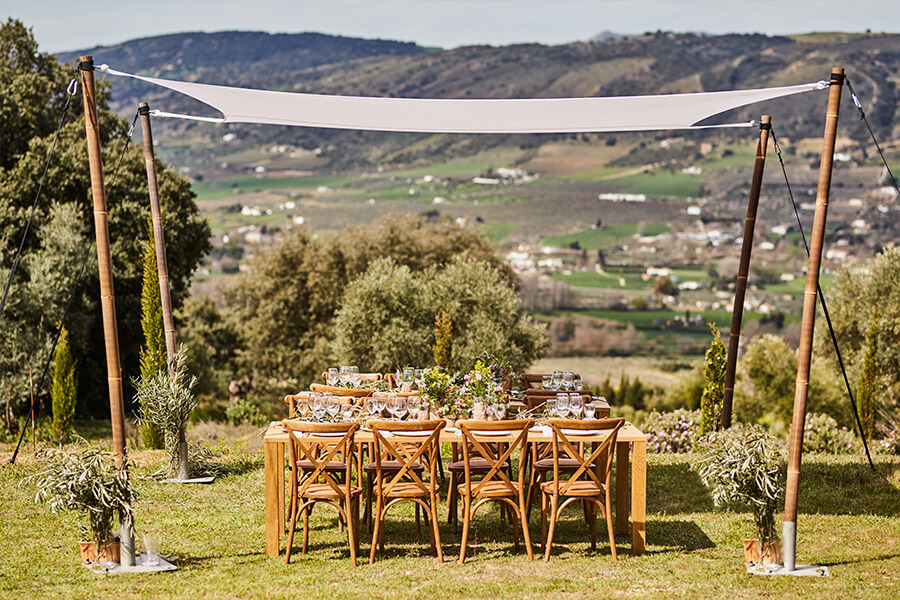 Wedding breakfast setup at Cortijo La Organic in Ronda