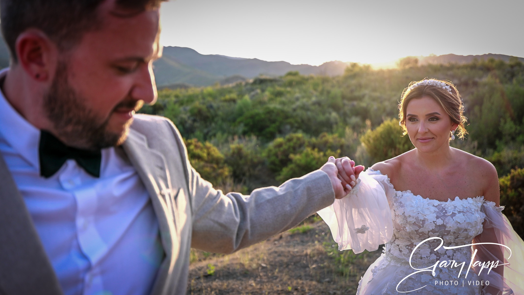 Bride and groom during sunset session at Cortijo Rosa Blanca wedding venue