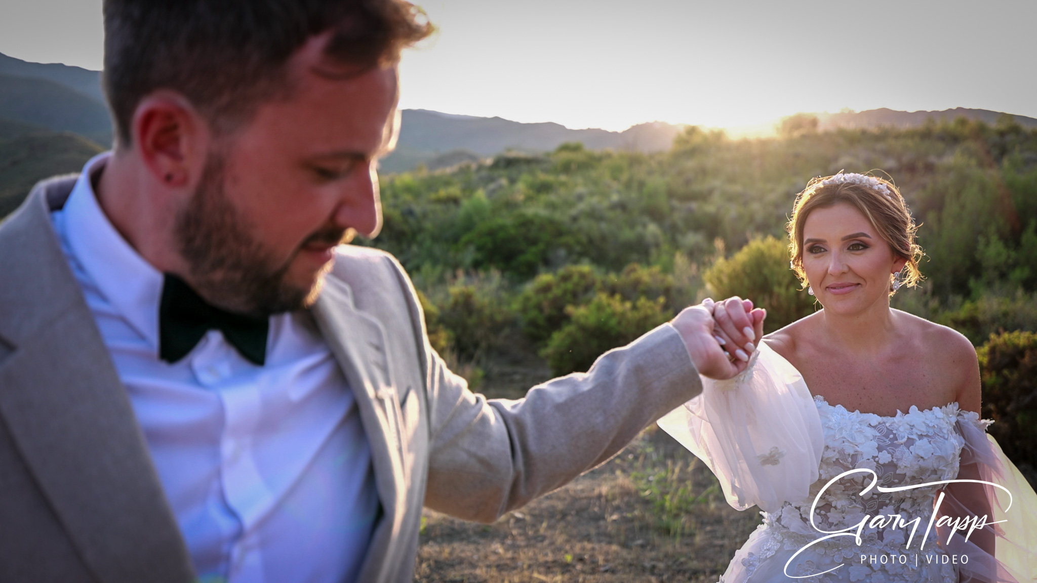 Bride and groom during sunset session at Cortijo Rosa Blanca