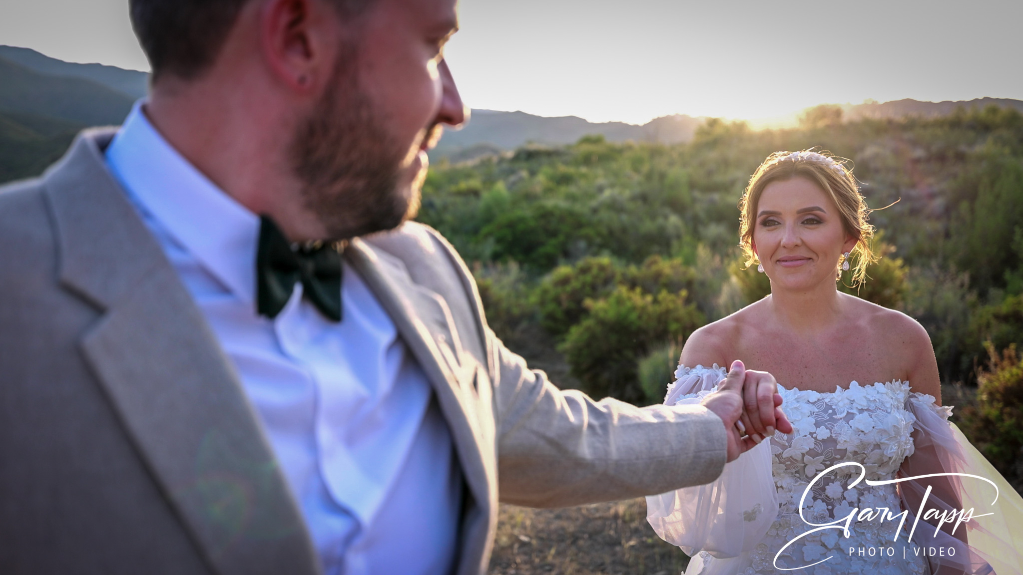 Bride and groom during sunset session at Cortijo Rosa Blanca wedding venue