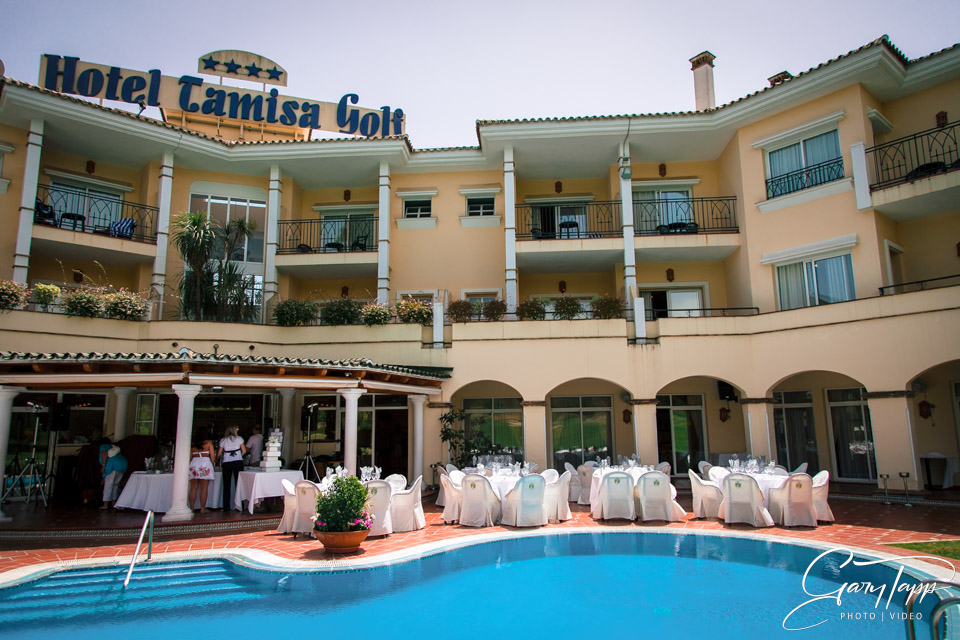 Wedding reception table setup at the Hotel Tamisa Golf